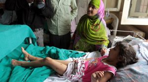Five year-old Zohra Zahoor, who has pellet wounds in her legs, forehead and abdomen, admitted a hospital in srinagar. The death toll has reached 37 as an injured scumbed at SMHS. More than 1300 people have been injured since Friday night.Express Photo by Shuaib Masoodi 14-07-2016