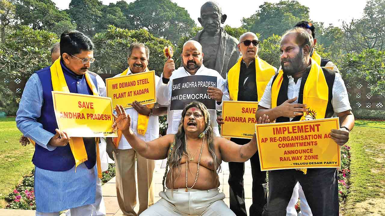 TDP MPs dressed fancy outside Parliament, demands special status to Andhra Pradesh