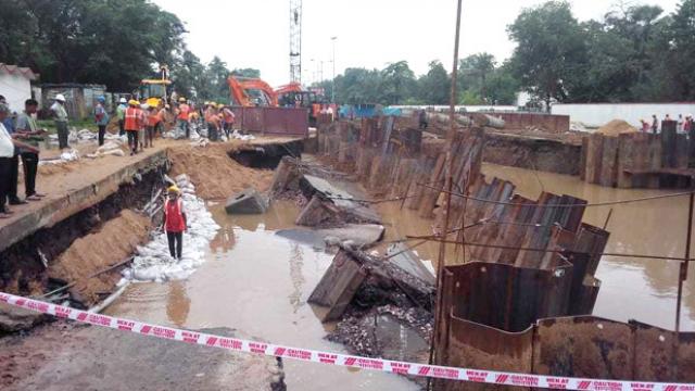 Road caves in Patna after heavy rains