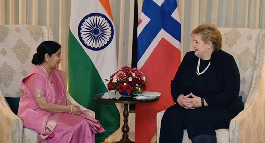 Sushma Swaraj calls on Norwegian PM Erna Solberg
