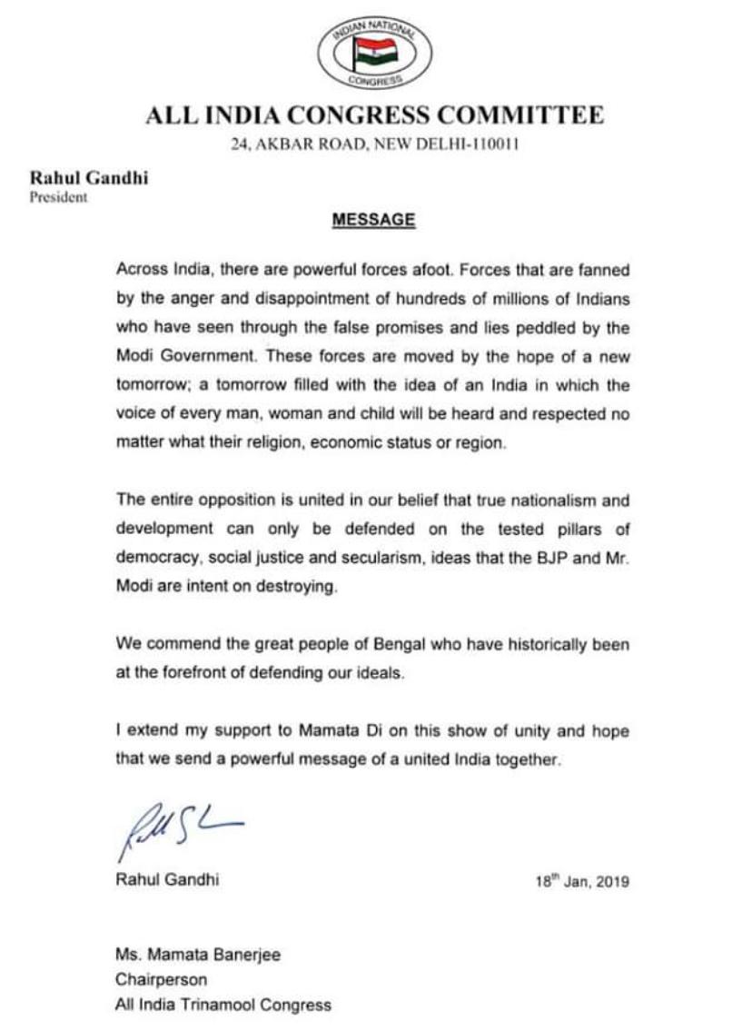 Rahul Gandhi writes to Mamata Banerjee expressing support for her opposition unity rally tomorrow
