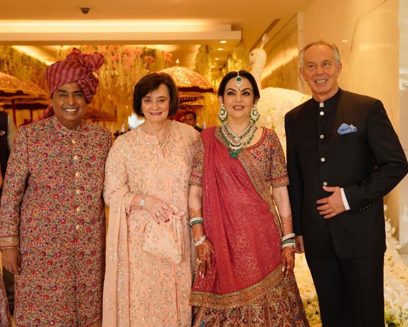 Former British Prime Minister Tony Blair and wife Cherie Blair arrive to bless Akash Ambani and Shloka Mehta.