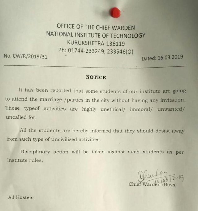 NIT Kurukshetra issues official warning to students against gate crashing weddings
