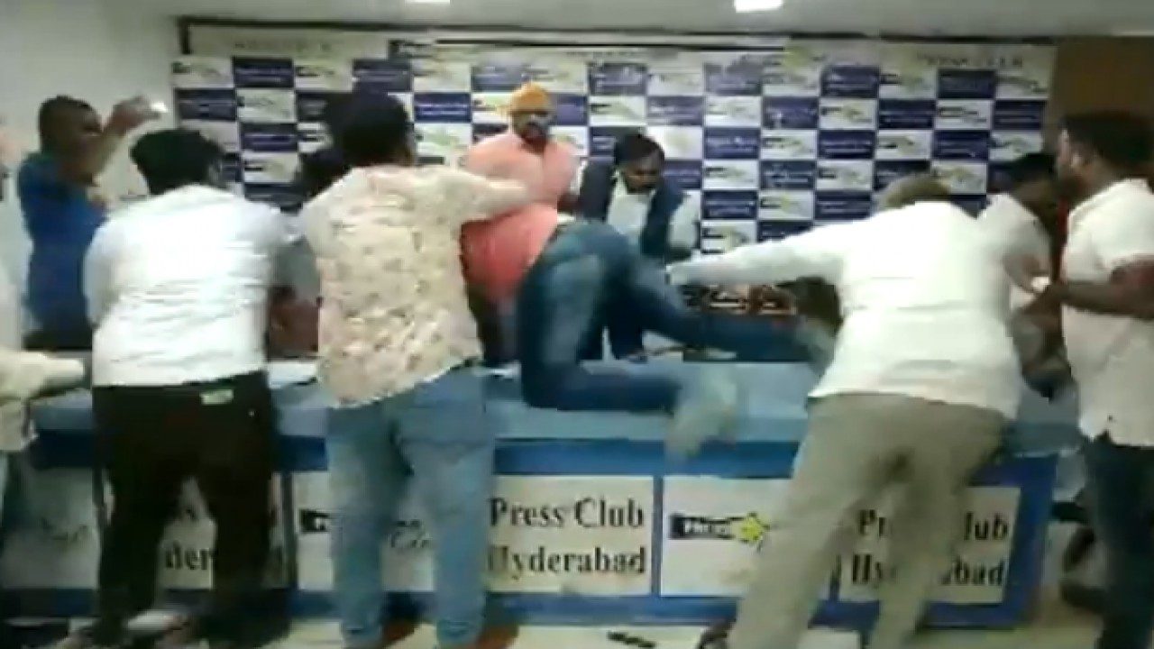 Watch: Dalit Body Chief thrashed during press conference at Hyderabad press club