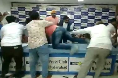 Watch: Dalit Body Chief thrashed during press conference at Hyderabad press club