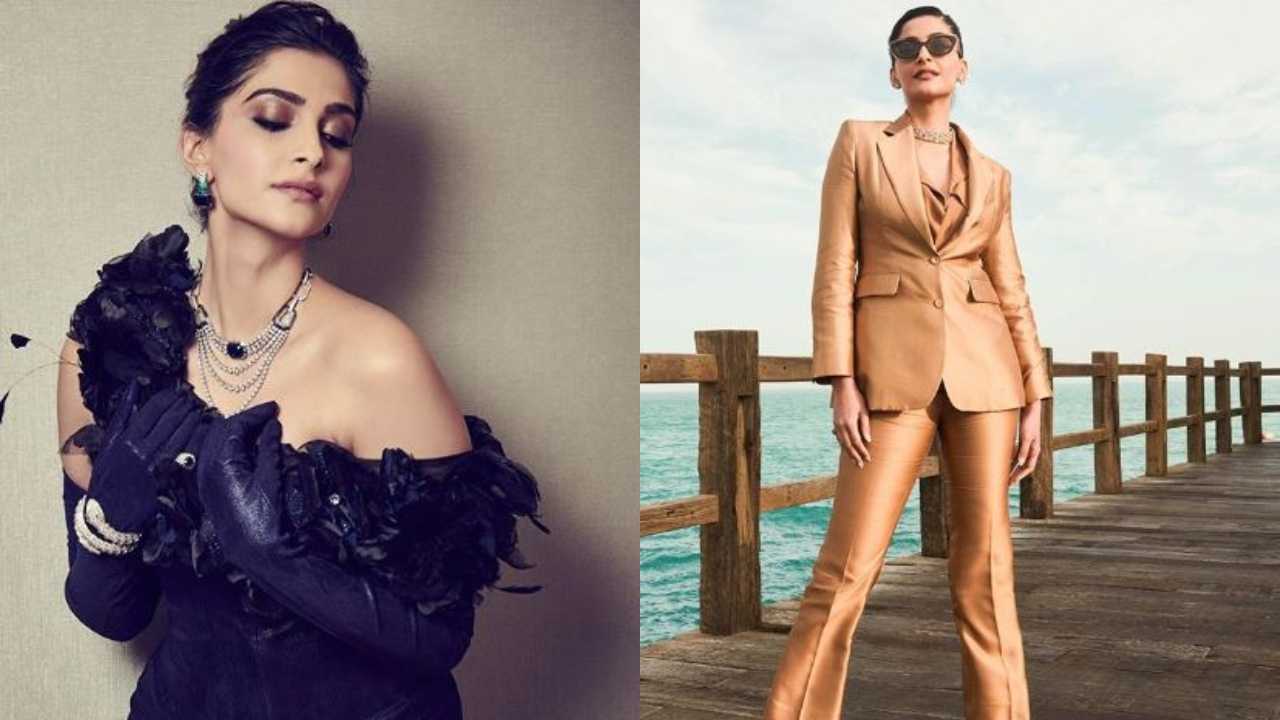 Sonam Kapoor takes her style game a notch higher as she dresses up in a Satin Pantsuit and a Ruffled Midnight Blue Dress, see photos