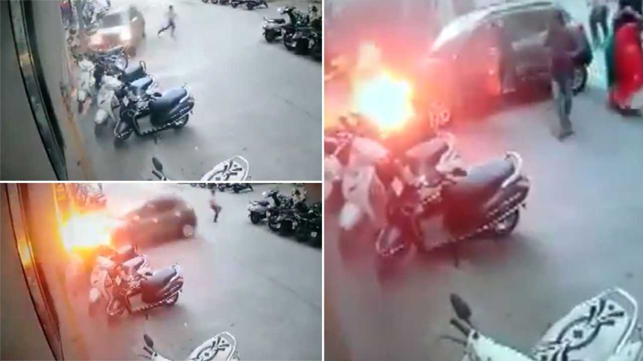 Gujarat: Man narrowly escapes after moving car catches fire after colliding with pole