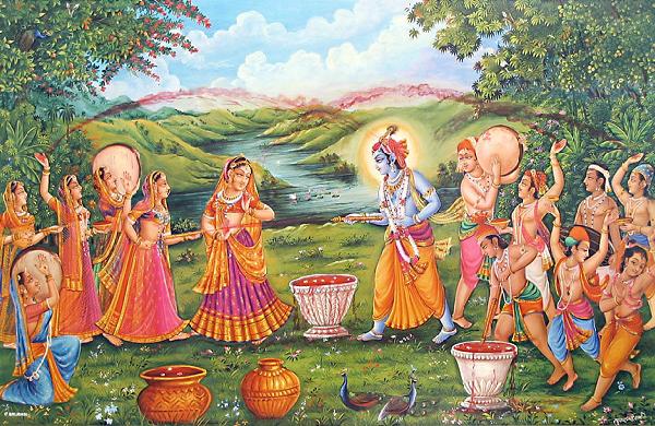 Lord Krishna celebrating Holi with Radha and Gopis.