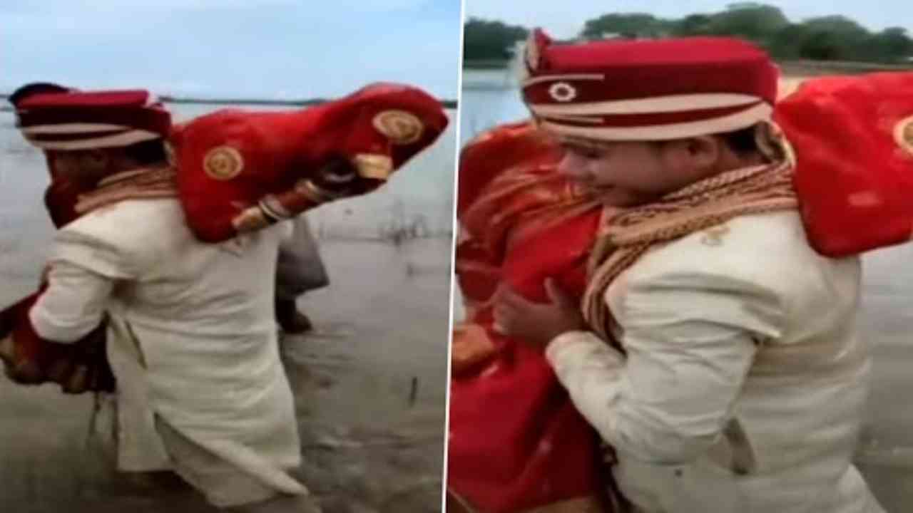 Bihar groom carries bride on shoulder across river