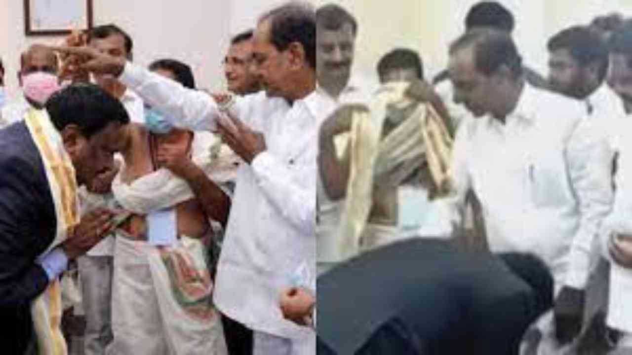 Siddipet district Collector Venkatram Reddy draws ire for touching Telangana CM’s feet