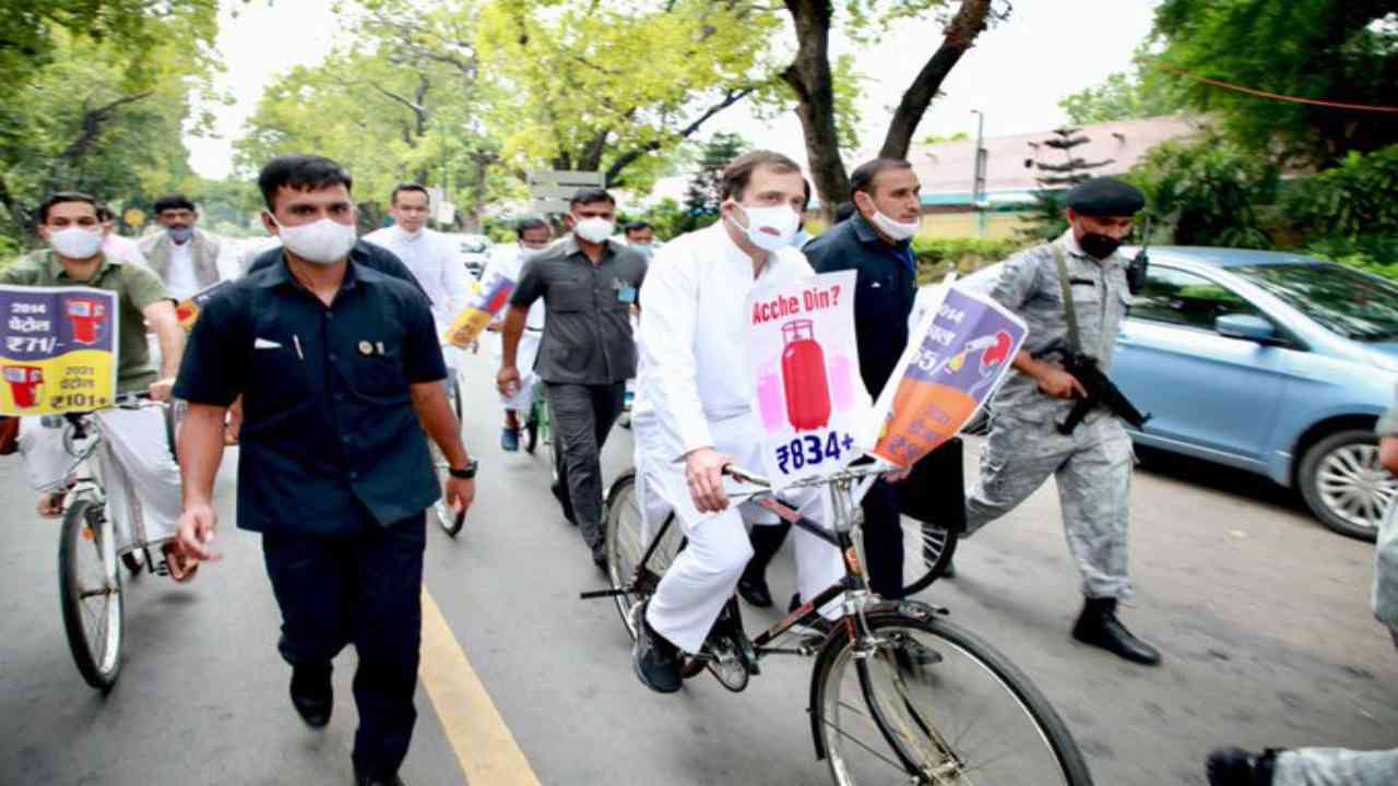 Rahul Gandhi rides bicycle to Parliament to protest fuel hike