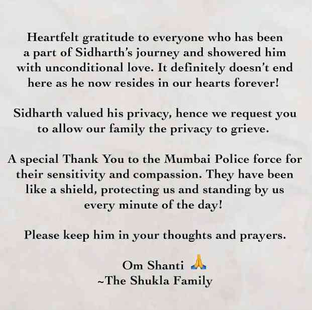 SIDHARTH SHUKLA’S FAMILY’S FIRST STATEMENT SINCE HIS DEATH