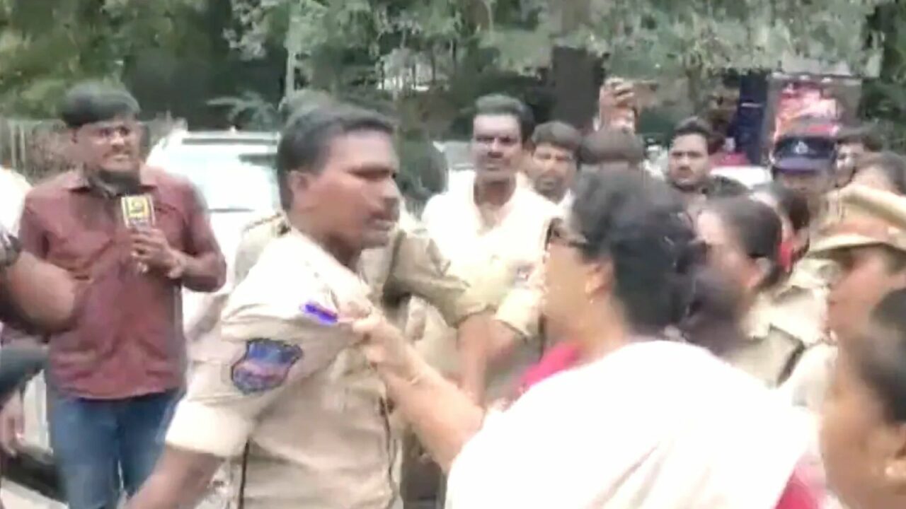 Renuka Chowdhury holds cop by his collar in Hyderabad at Congress protest against Rahul Gandhi's ED grilling