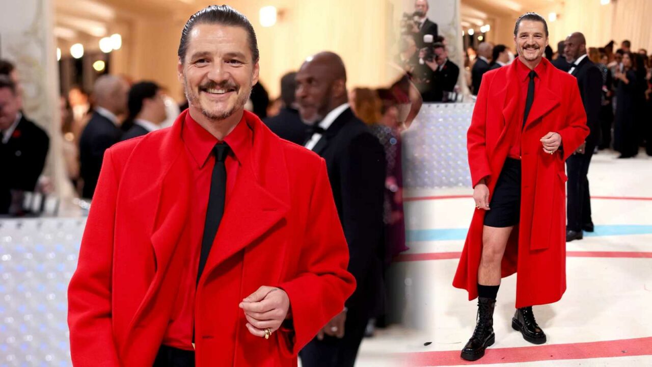 Pedro Pascal rocks red overcoat with black shorts look at Met Gala