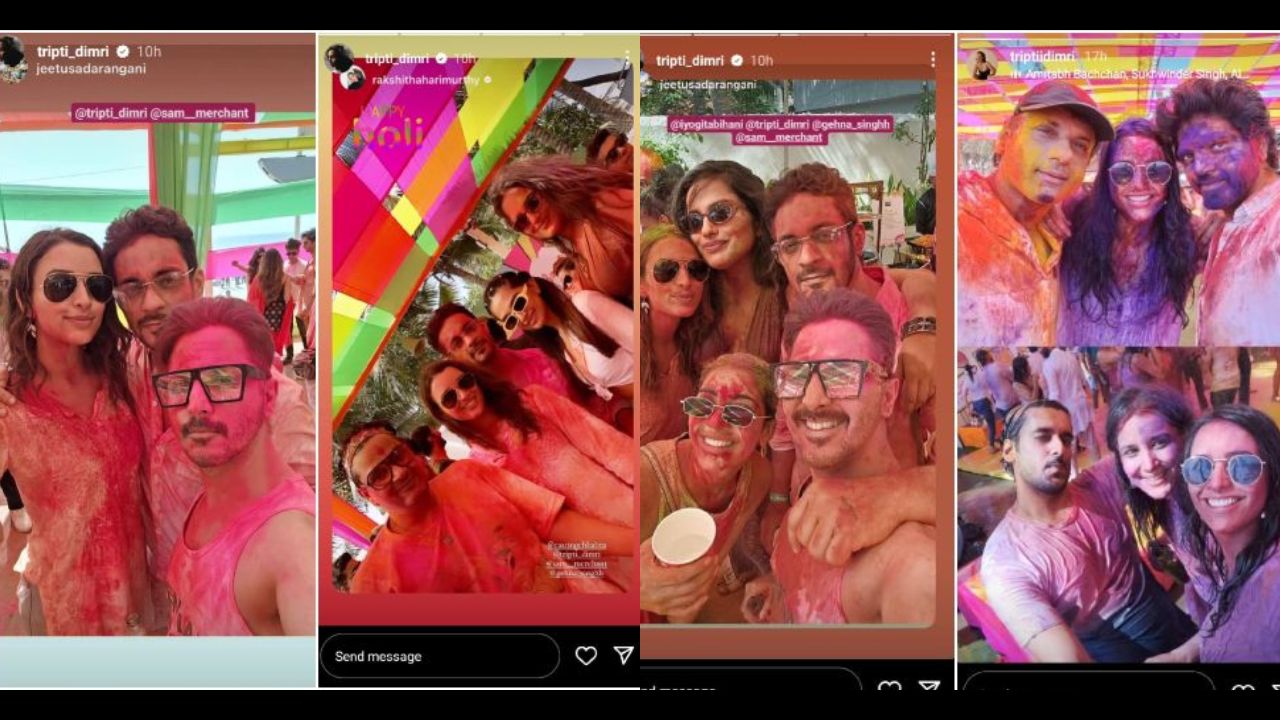 Triptii is seen in these pictures posing with Sam and other friends as they are drenched in the colors of gulaal,