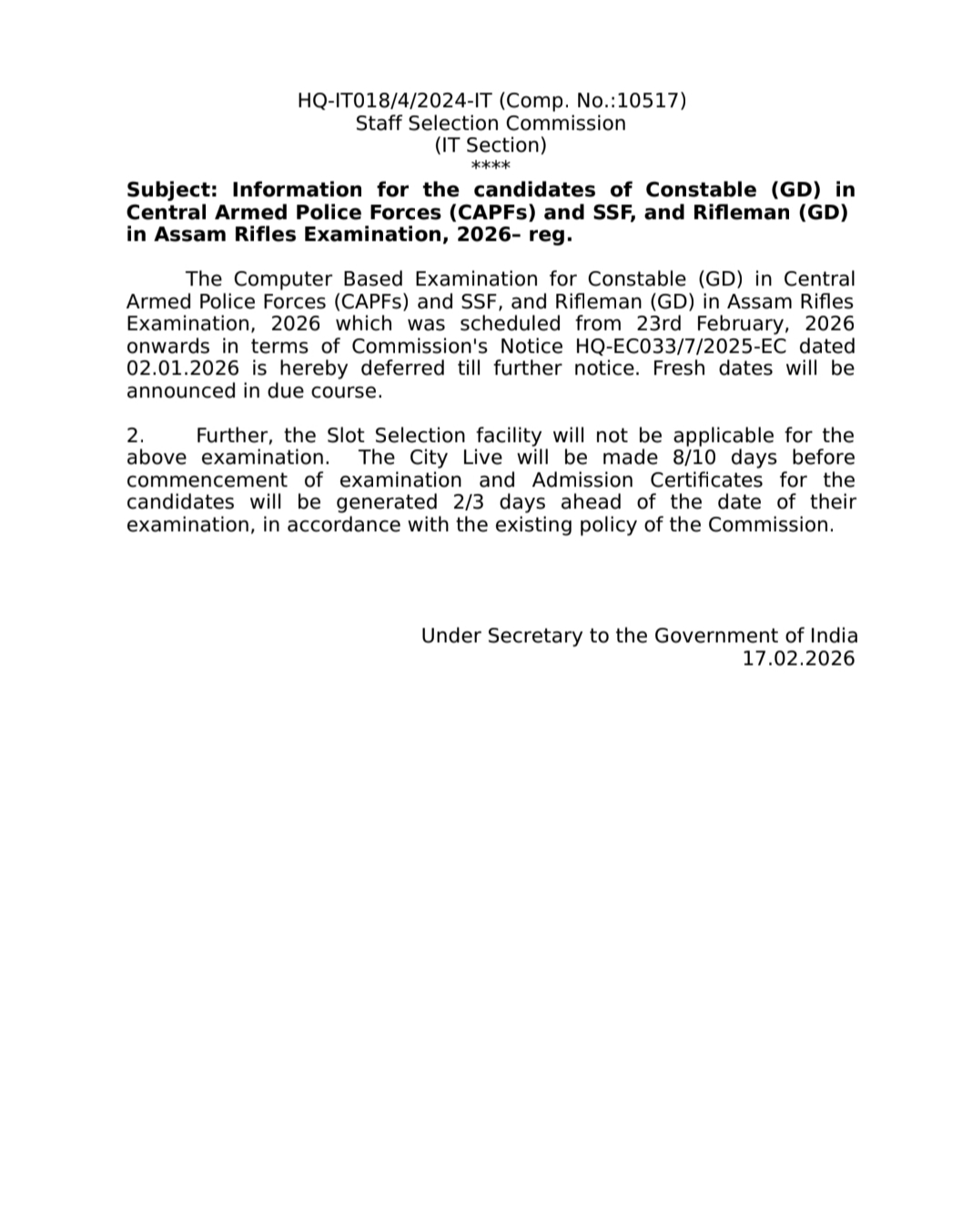 SSC GD Constable Exam 2026 Postponement