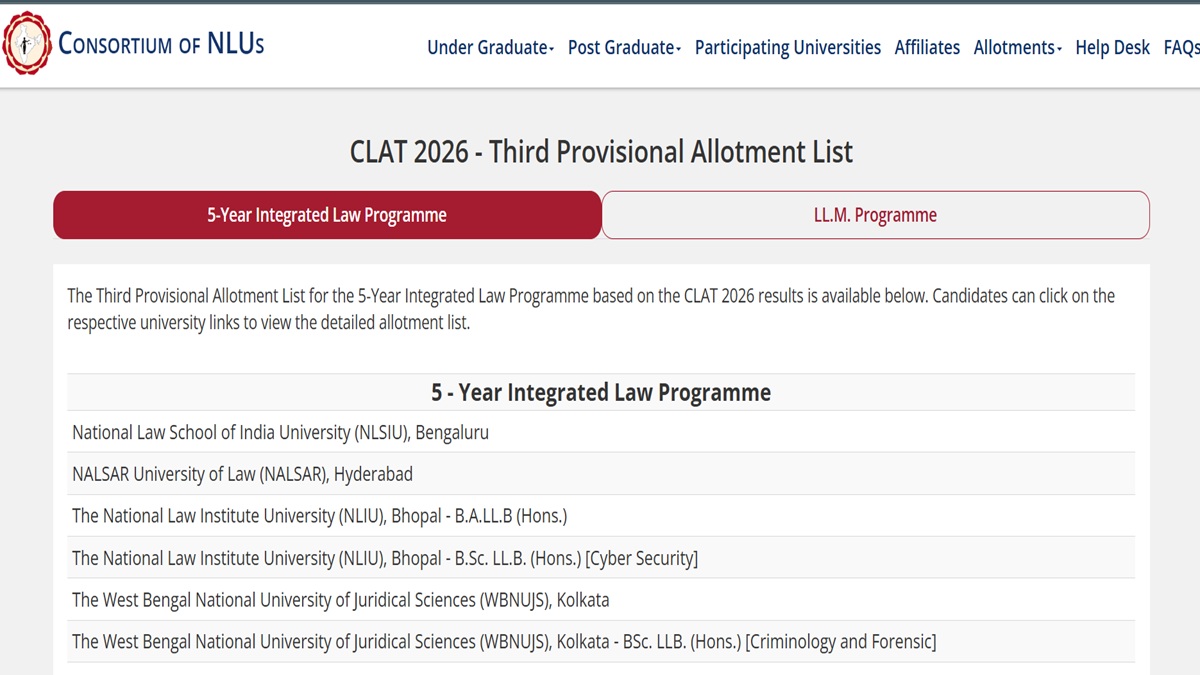 CLAT 2026 Round 3 Provisional Allotment Result Out
