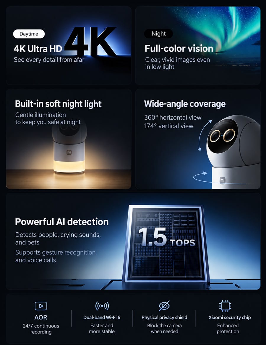 Xiaomi just rolled out a new security camera. It is made to show full colour in both daytime and after dark. Most older models change in the dark. They drop into dull black and white footage, so details are harder to see. This new camera aims to keep colour even in low light. It does that by using two sensors, image processing, and its own lighting. The Xiaomi Smart Camera 5 Pro is now on sale in China. It is being offered through a crowdfunding drive. Xiaomi Smart Camera 5 Pro A key point is the dual-sensor setup. There is an 8MP main sensor. There is also a 4MP secondary sensor. Xiaomi says the pair work together to output 4K video. The unit also includes a soft light. This helps when extra brightness is needed. It supports several night modes. Some are meant to support human detection. There are also modes for event based alerts. Another option is meant to work without a visible red glow. Local AI Can Detect People, Pets and Crying Another major feature is the camera's 1.5 TOPS local AI processing chip. AI processing is performed on the device for functions such as human detection, pet recognition and crying-sound detection, reducing the need to send these detection tasks to the cloud. 360-Degree Coverage and Wi-Fi 6